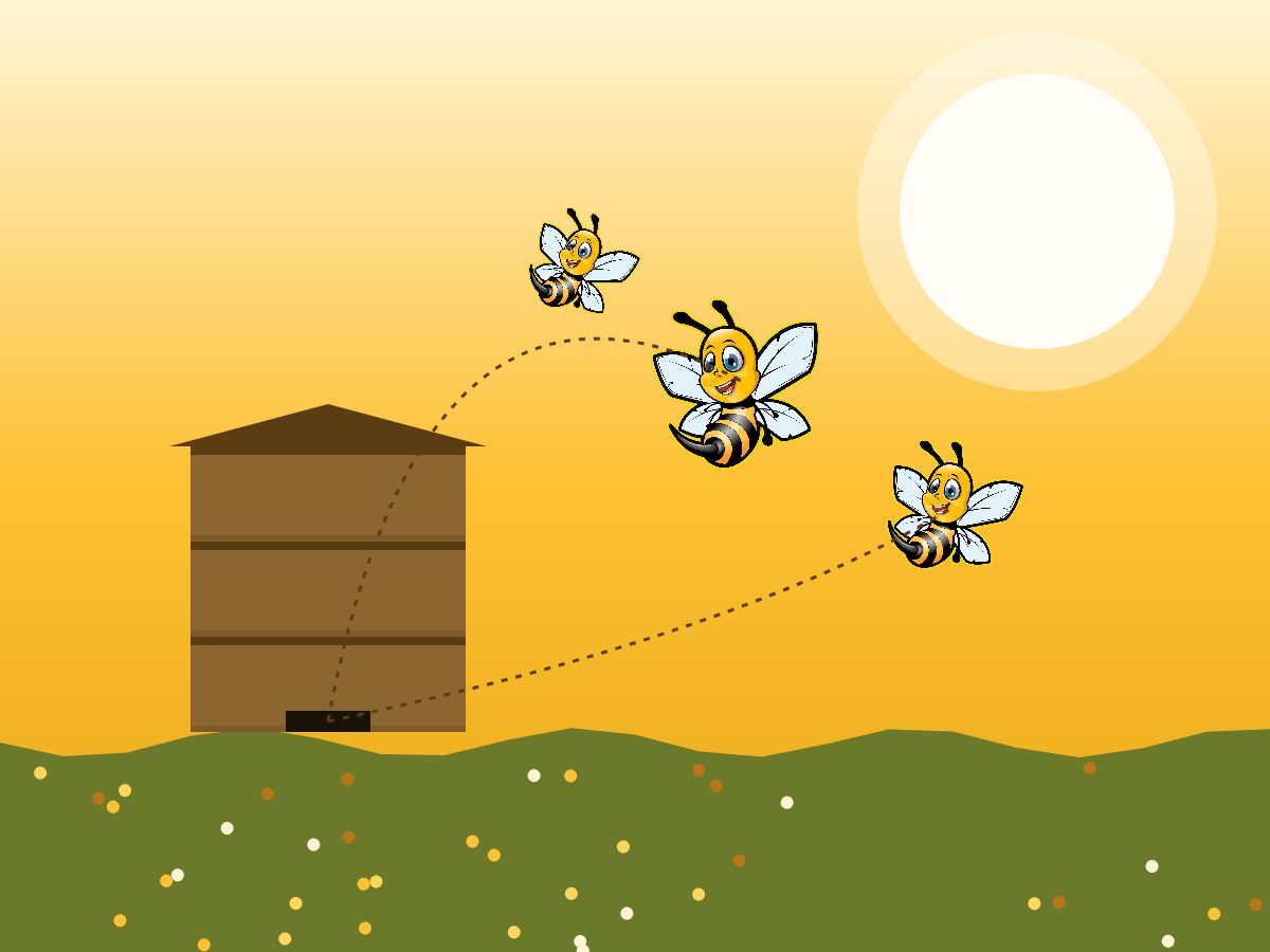 Schwarmkontrolle am Bienenstand, Bienen fliegen am Bienenstock