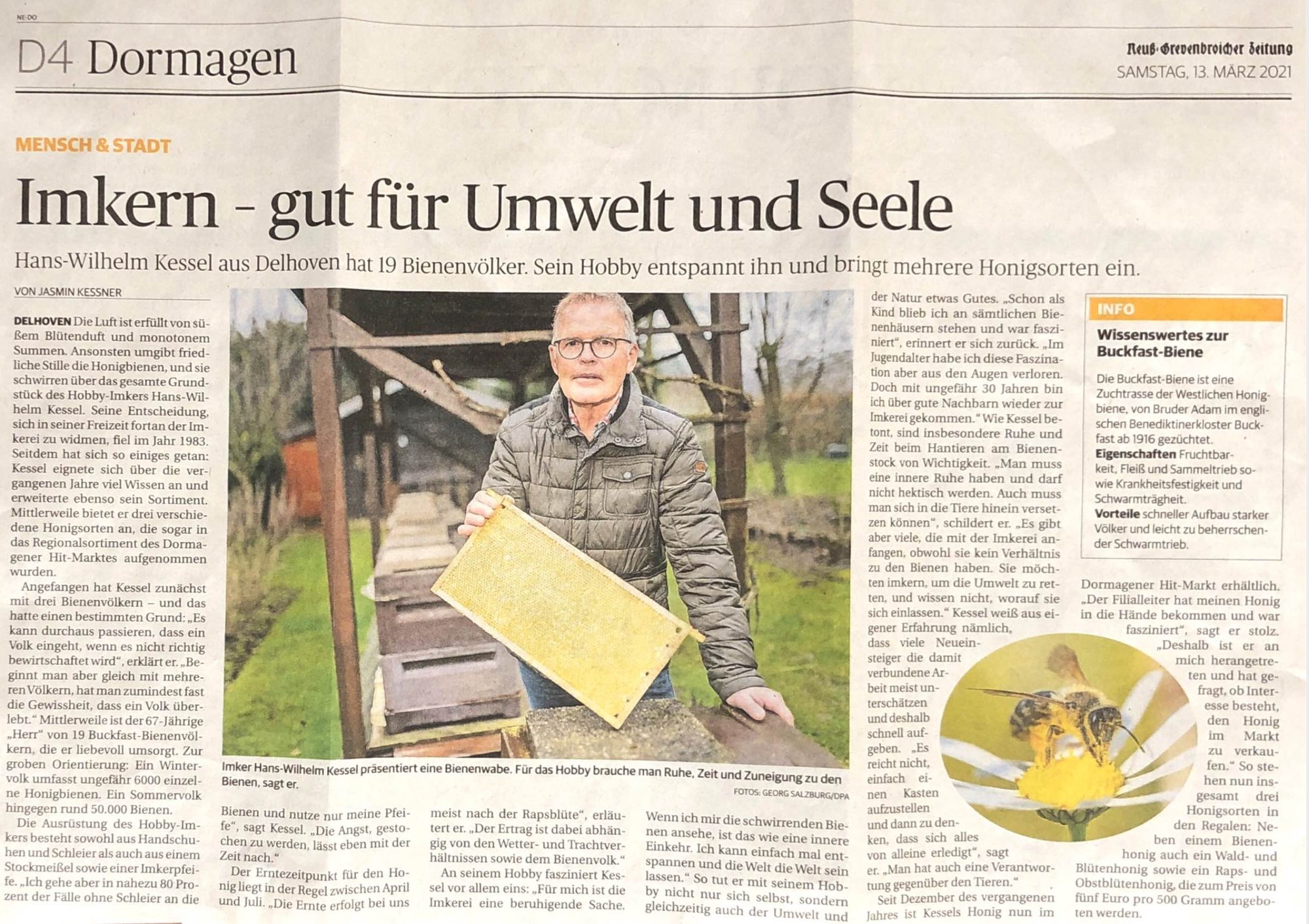 Zeitungsartikel der Neuß-Grevenbroicher Zeitung vom 13. März 2021: ‚Imkern, gut für Umwelt und Seele‘